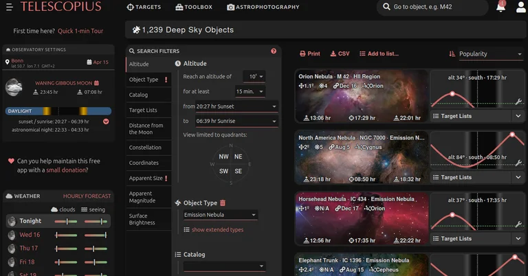 Screenshot von telescopius.com